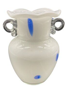 White & Blue Handblown Glass Vase With Dual Handles & Scalloped Rim 5.5" x 3.5"